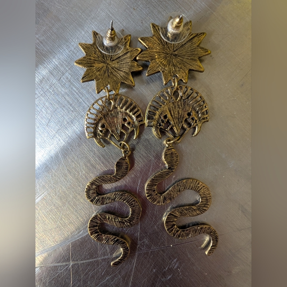 Earrings Medieval Goth Grunge Snake Bohemian Style Brass Gold Tone Post - Picture 2 of 2